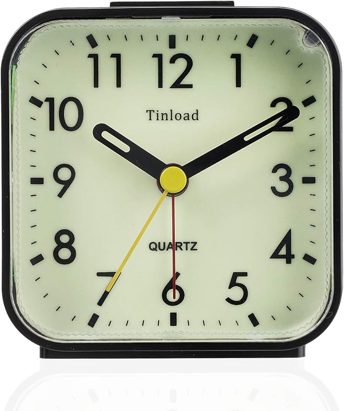 Tinload Small Battery Operated Analog Travel Alarm Clock Silent Non Ticking,Gentle Wake, Ascending Beep Sounds, Snooze,Lighted on Demand, Glow in Dark dial,Easy Set