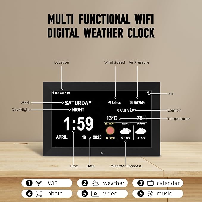 Memwake Digital Alarm Clock, Multiple Alarm Functions, Clock with Date and Day, Digital Alarm and Electronic Calendar for Seniors (White, 7 inch) (10-inch Black WiFi)