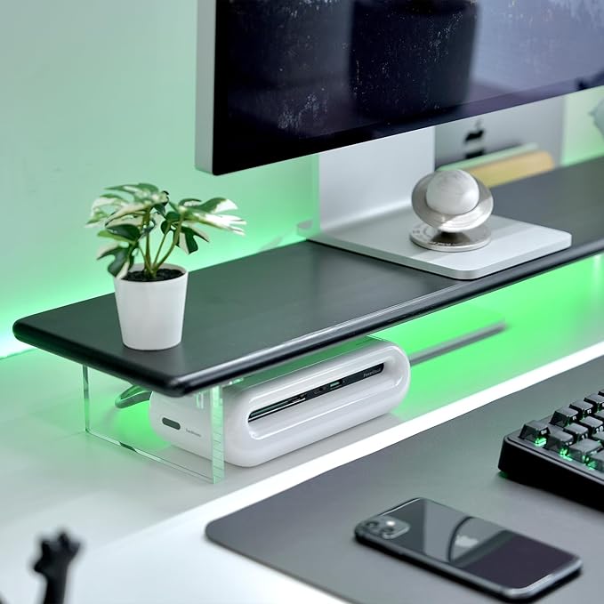 ROCDEER Bamboo Monitor Stand Riser with RGB Lights,31.5 Inches Desktop Shelf with Acrylic Legs Supports for Desk, PC Computer Monitor, Laptops, Printer, Speakers (Black)