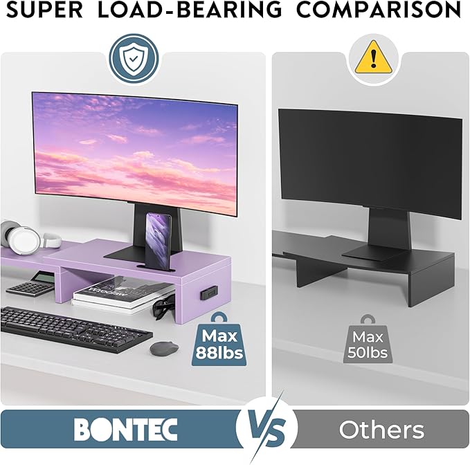 BONTEC Dual Monitor Stand Riser with Smartphone Holder, Adjustable Length & Swivel Angle, Ergonomic Wooden Desktop Organizer for PC Monitor, Laptop, Printer, Large Storage, Purple