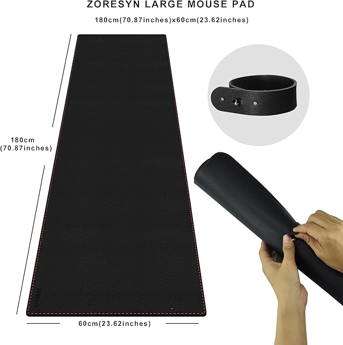 ZORESYN PU Leather Desk Mat Waterproof Anti-Oil Dining Table mat - 70.9" x 23.6" - Large Mouse Pad with Suede Base,Stitched Edges Office Desk Pad for Office & Home | Black