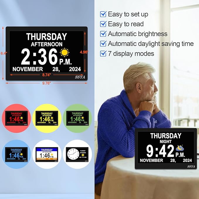 SSYA Dementia Clock for Seniors, Digital Clock with Date and Day of Week, Auto DST, Non-Abbreviated Large Calendar Alarm Clocks (Black)