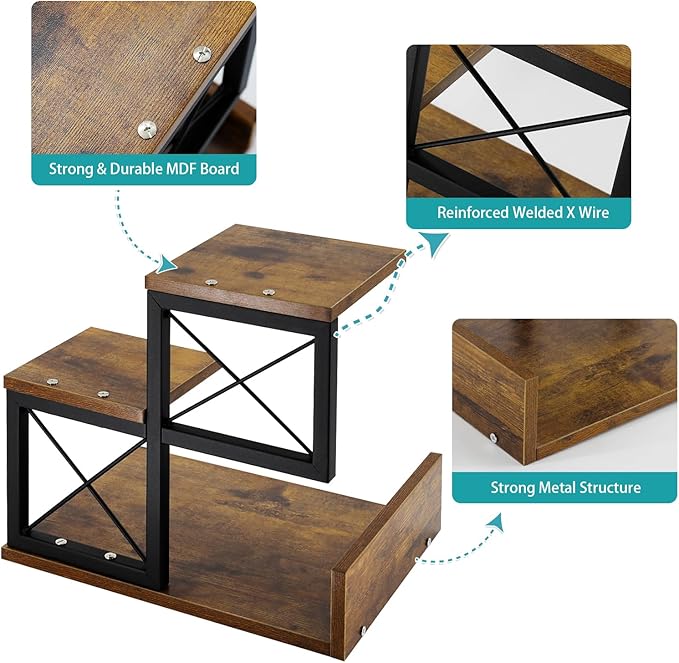Jolitac Wood Desktop Shelf, Desktop Organizer Office Storage Rack Adjustable Wood Display Shelf 3 Tier Storage Display Rack Office Decor Stand Shelves with Metal Frame (Brown)