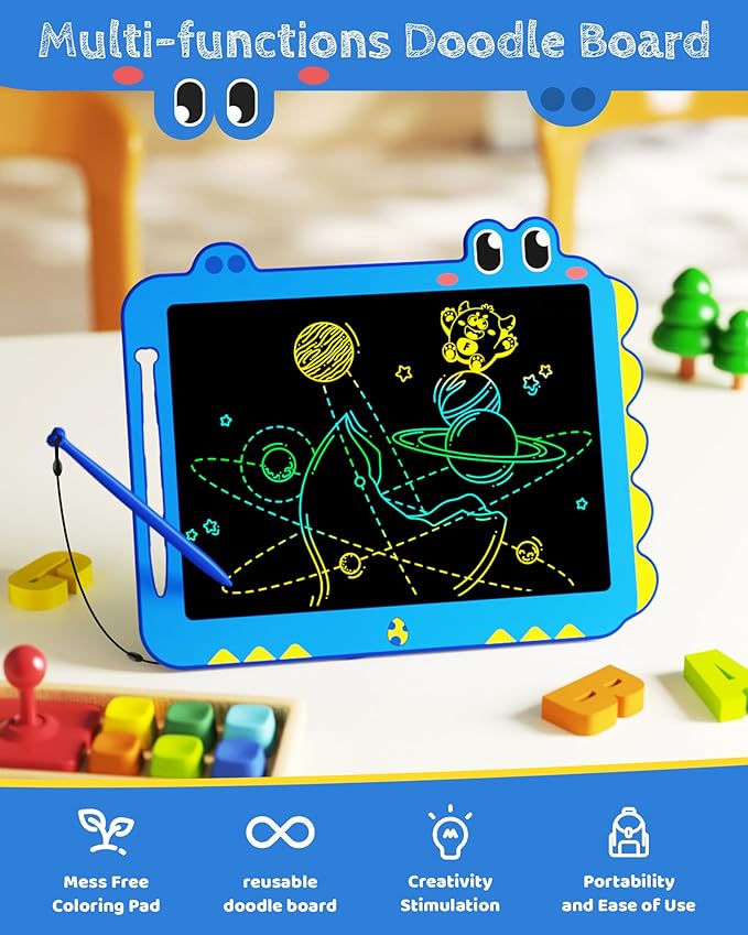 Kikapabi LCD Writing Tablet for Kids, 12 inch Dinosaur Doodle Board Toys Gifts for Boys Girls Age 3 4 5 6 7 Year Old, Mess-Free Drawing Pad Portable Learning Travel Toy Birthday Christmas Gift Blue