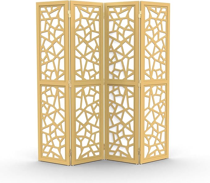 VINGLI 70'' H Room Divider, Non-Woven Fabric Privacy Screen, Indoor Partition Wall Dividers, Freestanding Hinged Space Separator with Modern Unique Pattern (Gold, 4 Panel)
