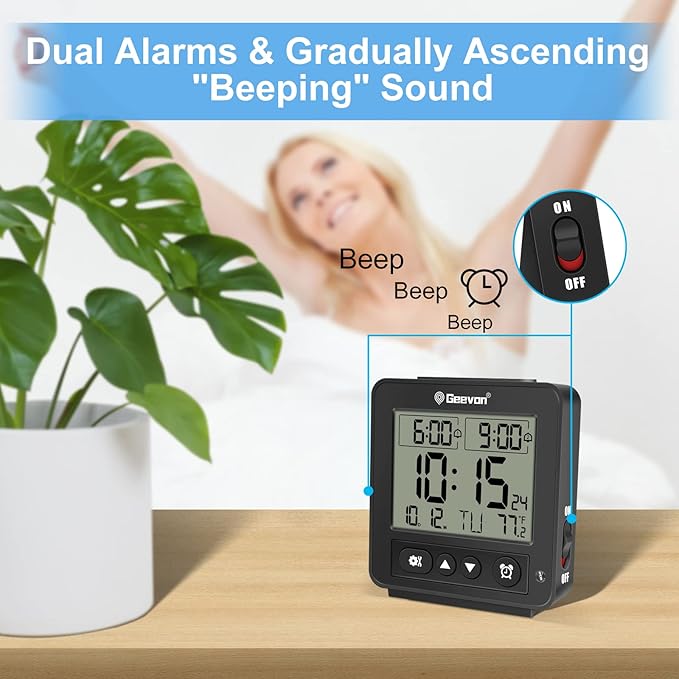 Geevon Small Atomic Travel Alarm Clock with Auto/8s Backlight, 2 Alarm Settings, Temperature, Increasing Beep Sounds Digital Atomic Travel Clock Battery Operated for Bedroom, Bedside, Black