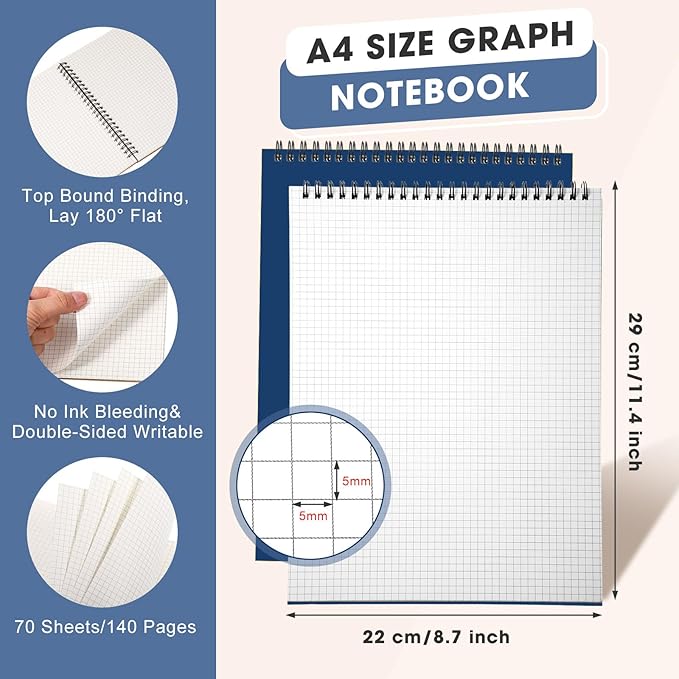 Engrowtic Top Spiral Graph Paper Notebooks 8.7 X11.4 Inch A4 Grid Paper Notepad 70 Sheet Memo Steno Pad for Engineering Writing Sketching Drawing School Office Supplies (Dark Blue,1 Pack)