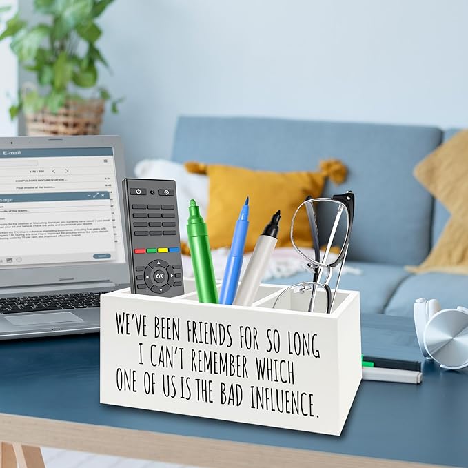 QZQE Funny Sarcastic Friendship Pen Pencil Holder Organizer for Desk, Humorous Gifts, We've Been Friends for So Long I Can't Remember Which Wooden Box Signs Decor for Home Office Desk Tabletop