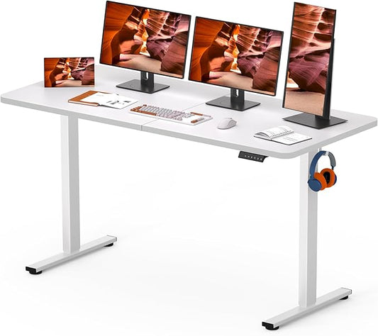FitStand AdjustableStanding Desk 63 x 24 Inch Home Office Desk with Memory Preset, Computer Workstation Splice White Top Frame