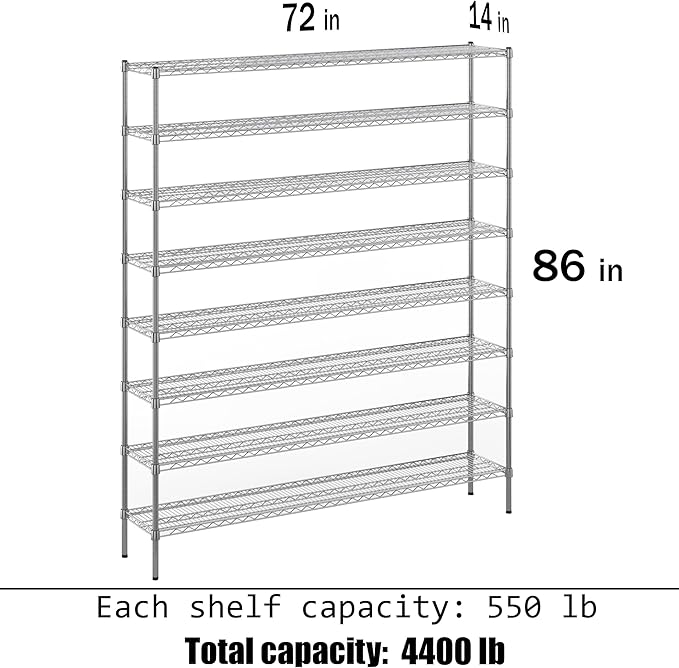 Regal Altair 14" Deep x 72" Wide x 86" Height Wire Shelving Kit | 8-Tier | NSF Commercial Storage Rack Unit