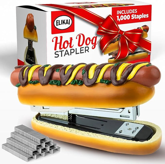 ELIKAI Hot Dog Stapler, Funny Gifts for Teachers and Principals, Unique Desk Accessory, Ideal Back-to-School Gift for Classroom or Teacher Lounge Decor, Includes 1000 Staples, Brown, 7 oz