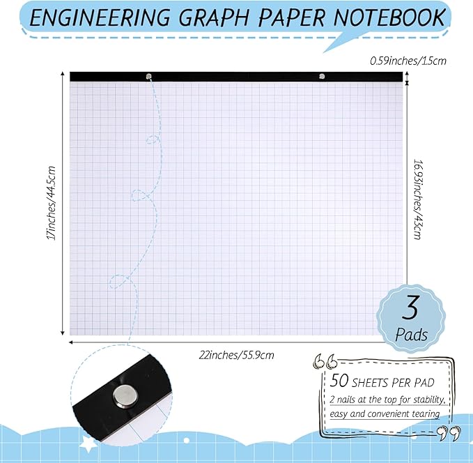 Fainne 3 Pcs Large Engineering Graph Paper Pad Giant Drafting Pad Blueprint Sketching Graph Paper Engineer Architect Designer Mathematician Draftsman (Blue, 22x17inches)