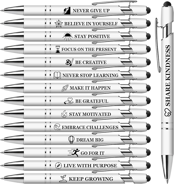 Vebermo 15 Pack Motivational Pen Set - Inspirational Quotes Retractable Ballpoint Pens for Office School Supplies, Encouragement Gifts for Women Men, White