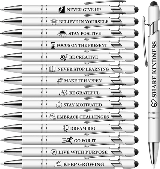 Vebermo 15 Pack Motivational Pen Set - Inspirational Quotes Retractable Ballpoint Pens for Office School Supplies, Encouragement Gifts for Women Men, White