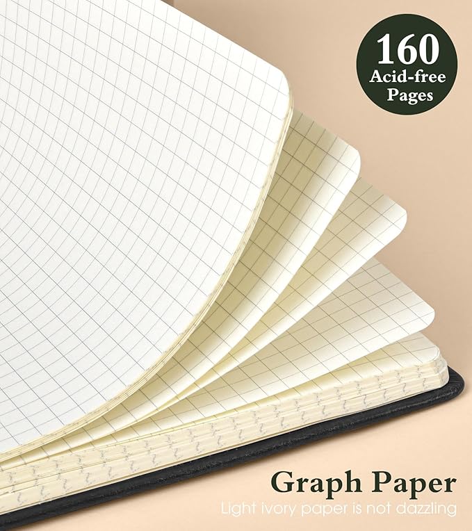 PAIBAS Graph Notebook for Women Men, 160 Pages Grid Paper, Graphing Notebooks for School, Work, Quad Ruled, Inner Pocket, A5 Hardcover Vintage Leather Journals for Writing, 5.8"x8.5" (Black)