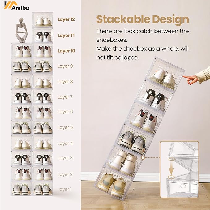 Amllas 12 Pack Clear Shoe Boxes Stackable,Shoe Storage Boxes for Closet,Sturdy Shoe Box Storage Containers with Clear Door,Sneaker Storage,Easy to Assemble,Fit up to US Size 12(13.8”x 9.84”x 7.1”)