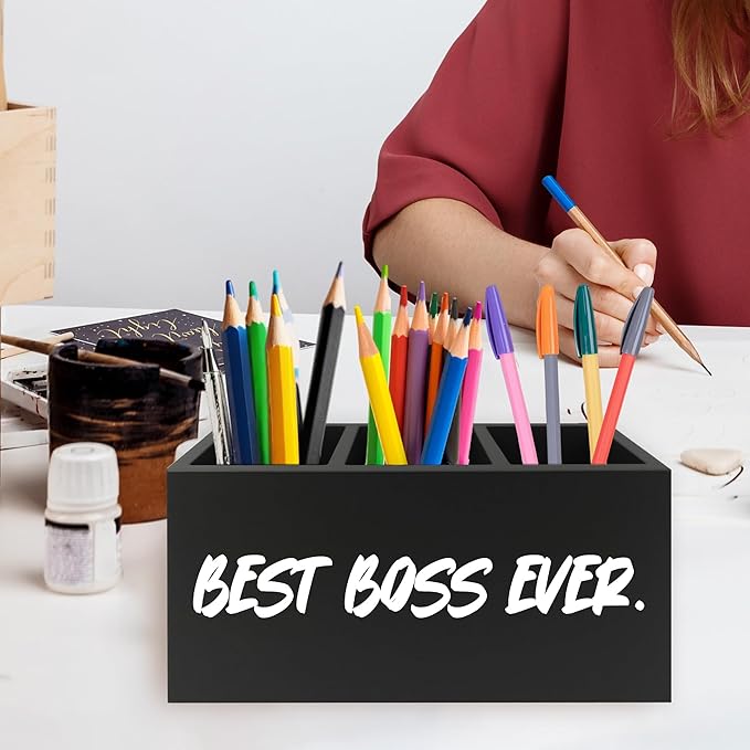 QZQE Boss Gifts Pen Pencil Holder Organizer for Desk, Bosses Leader Appreciation Gifts, Best Boss Ever Wooden Box Signs Decorations for Home Workplace Office Desk Tabletop