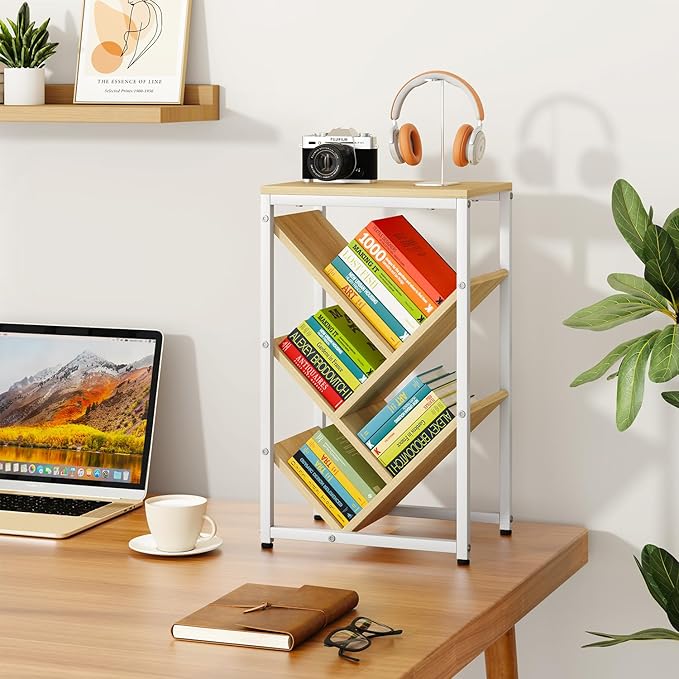 IBUYKE 5 Tier Tree Bookshelf, Small Desktop Bookshelf with Storage Organizer,for Books/CDs/Movies,Desk Display Bookcase for Bedroom Living Room,Natural,TBC003N
