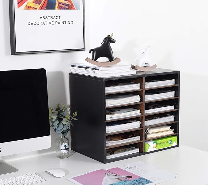 TQVAI Wood Literature Organizer, 12 Slots Hold 6000 Sheets A4 Papers, Wooden Desk Paper File Storage Organizer with Adjustable Shelves, Mailbox Cubbies for Office Home Classroom, Black/Archaize