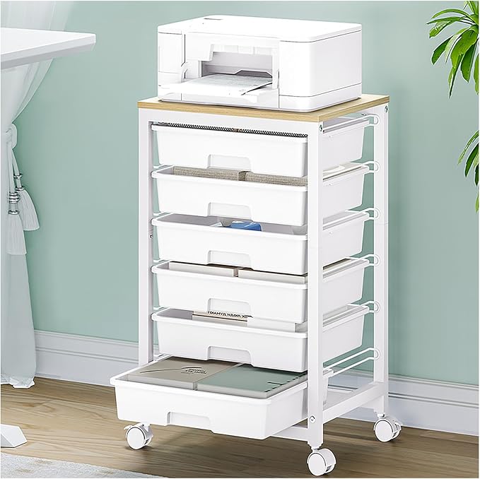 SYKIARIOL Rolling Storage Utility Cart with 6 Drawers and Wooden Tabletop for Under Desk Storage,White