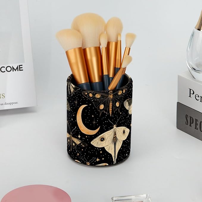 Leather Pen Holder for Desk, Butterflies Moth Moon Pencil Cup Desktop Organizer Makeup Brush Holders Office Supplies for Home, Kids & School