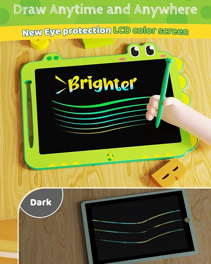 Kikapabi LCD Writing Tablet for Kids, 12 inch Dinosaur Doodle Board Toys Gifts for Boys Girls Age 3 4 5 6 7 Year Old, Mess-Free Drawing Pad Portable Learning Travel Toy Birthday Christmas Gift Green