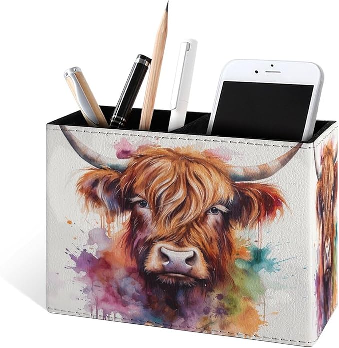 Famame Cute Cow Highland Pencil Holder for Desk, Leather Desktop Container Pen Cup Storage Study Table Pen Organizer Makeup Brush Holder for Classroom Office Home