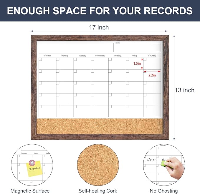 Calendar Whiteboard for Wall, 17x13 Inches White Board Calendar Dry Erase, Small Magnetic White Board with Wood Frame, Hanging Dry Erase Board for Kitchen Home Office School Planner