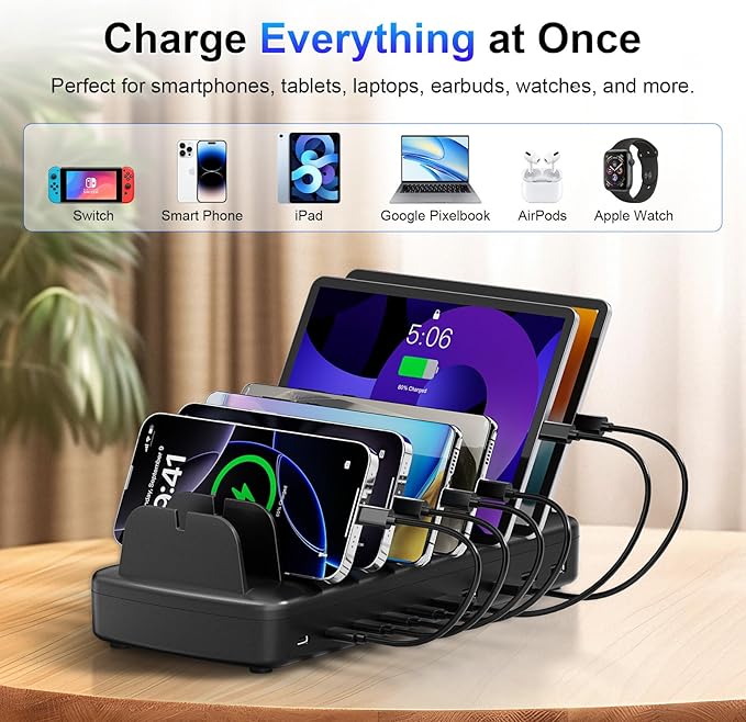 510W Fast Charging Station for Multiple Devices, 10 Port USB C Charger Station with Flame-Retardant Material & 8 Cables for iPhone, Android, iPad, Tablets, Family Office Desk Charging Dock Organizer