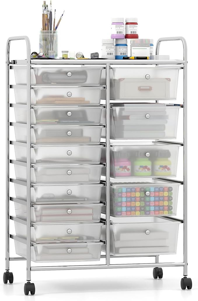 Giantex 15 Drawer Rolling Cart with Drawers, Storage Organizer Cart for Classroom Office School Teacher, Mobile Drawer Cart for Tools, Crafts, Small Printer, Clear