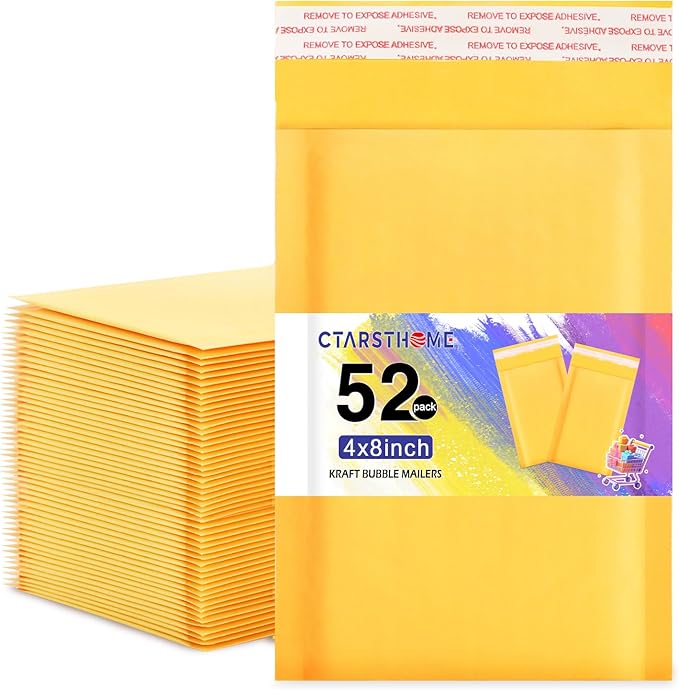 Ctarsthome 52Pack Yellow 4x8inch Kraft Bubble Mailers Small Business Mailing Packages Self-Sealing Paper Envelopes, Mailer Shipping package Strong Adhesion Padded Envelopes for Jewelry Makeup Supplies