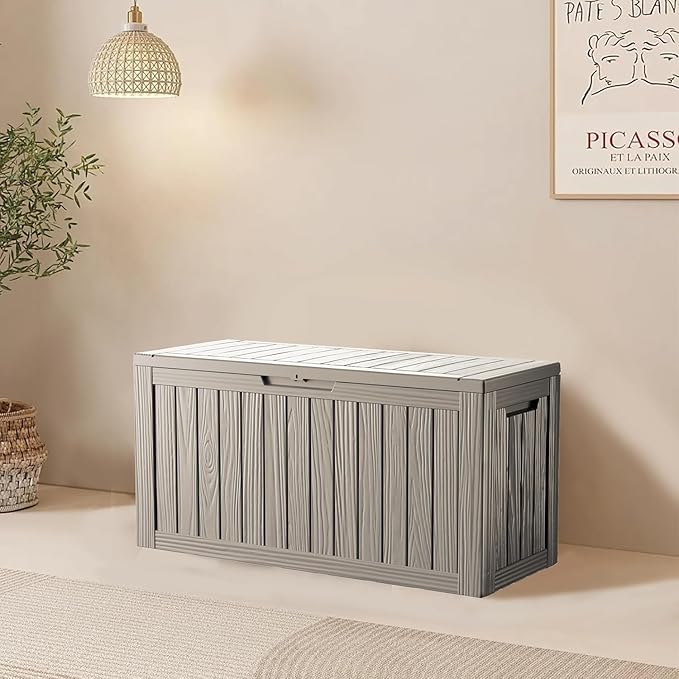 PATIOEASY Outdoor Storage Box 80GAL Waterproof Resin Deck Box,UV-Resistant Lockable Delivery Bin for Garden Tools,Small Outside Cushions,Pool Accessories Supplies,Chest,Furniture,Package,Grey