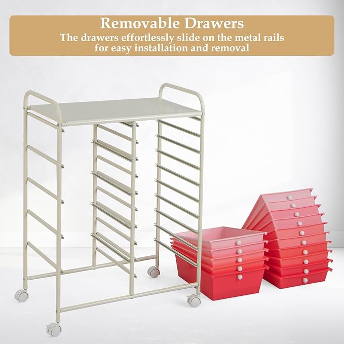 GLACER 15 Drawers Rolling Cart, Storage Cart with w/Removable Drawers & Steel Frame, Multipurpose Organizer Cart w/Sleek Handle, Utility Cart on Lockable Wheels for Home, School, Office (Pink)