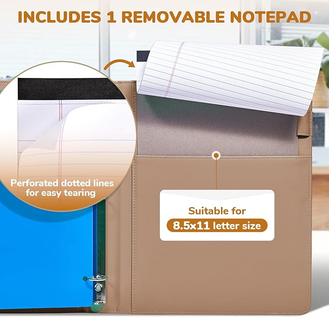 JoyCat 3 Ring Binder Clipboard with Storage,12.4"x10.2"Magnetic Clipboard Folder with 5 Expandable Folders,Refillable Lined Notepad (11" x 8.5"),Ideal for School Office Nursing(Khaki)