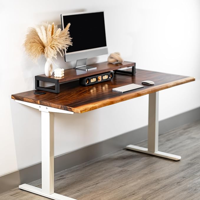 Standing Desk with Monitor Stand – Walnut Solid Wood Desk, Natural Live Edge, Adjustable Height Dual Motor, Sit Stand for Home Office (White, W60 x D27)