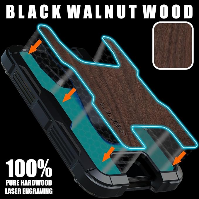 LIUGX Walnut Wood Card Holder/Badge Holder/Portable Wallet with Metal Clip -Rugged ID Credit Card Holder (Holds 1 to 4 Cards) for Office Police Worker Outdoor