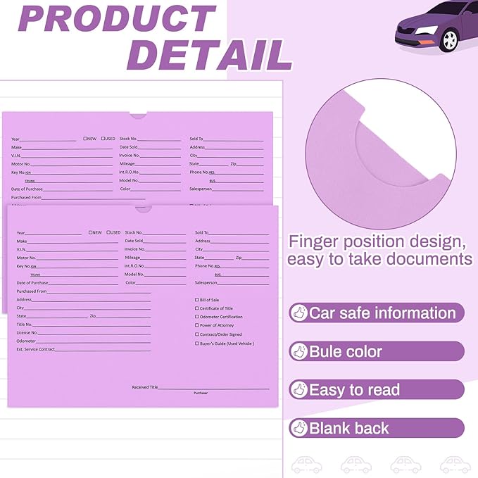 120 Pcs 9 x 12 In Vehicle Dealer Jackets for Car Sales 32lb Colored Printed Deal Envelopes Dealership Supplies File Jackets Automotive Folders for Car Dealerships(Purple)
