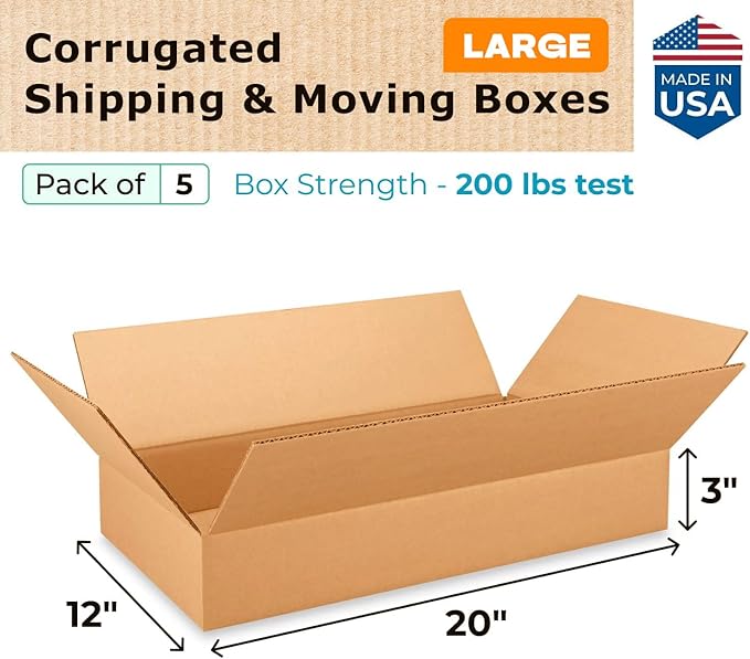 Large Shipping & Moving Boxes 20 x 12 x 3 inches (5-Pack) - Extra Strength 200 lb vs Regular - Corrugated Shipping Boxes for USPS/UPS/FEDEX - Moving Box Large - Box for Moving by IDL Packaging