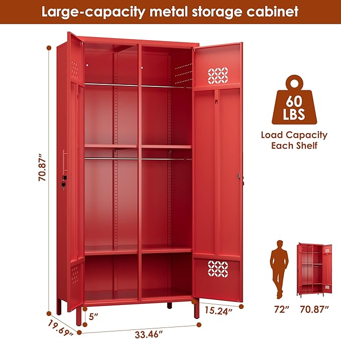 SUPEER 2 Doors Metal Storage Locker with Adjustable Shelves and 2 Hanging Rods, Metal Wardrobe Cabinet with Lock,Wardrobe Lockers for Home,Office,Assembly Required,Red