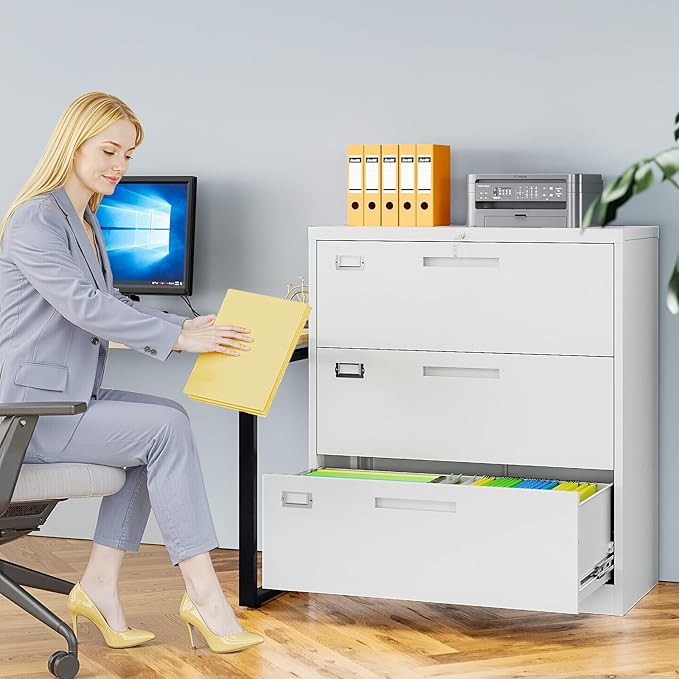 AFAIF 3 Drawer File Cabinets for Home Office, Metal Filing Cabinet with Lock, White Locking File Caninet Three Drawer, Office Storage Caninets Steel Cabnet for Letter/Legal/A4/F4-Assembly Required