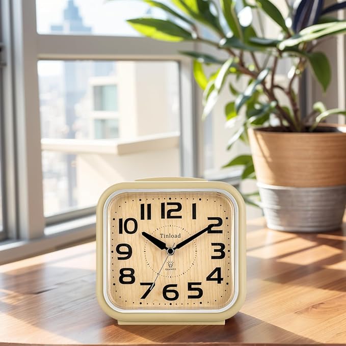 Tinload 5.5" Large Analog Alarm Clock Silent Non Ticking, Gentle Wake, Beep Sounds, Increasing Volume, Battery Operated Snooze and Manual Light, Easy Set, Cream