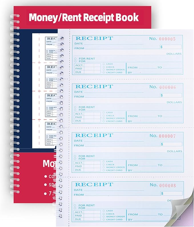 Single Book,Money Rent Receipt Book,7.9x11.22 Inches,2 Part Carbonless,Cash Receipt Book,200 Sets per Book,4 Receipts per Page