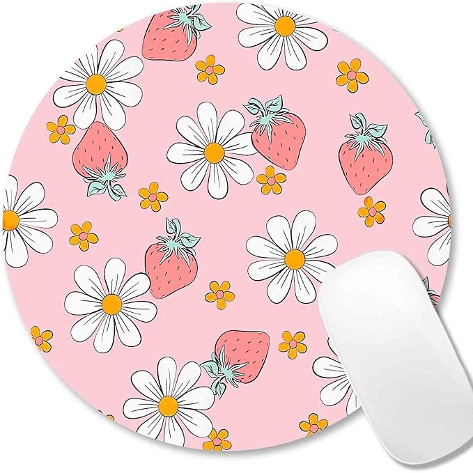 IMAYONDIA Round Pink Mouse Pad, Strawberry MousePad Small, Circular Pastel Floral Mouse Mat for Wireless Mouse, Non-Slip Rubber Base Cute Design Mice Pad for Laptop Computer Travel Women Kids, Flowers