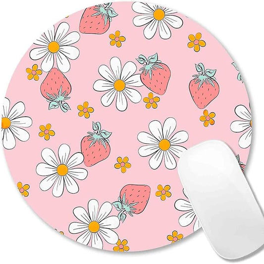 IMAYONDIA Round Pink Mouse Pad, Strawberry MousePad Small, Circular Pastel Floral Mouse Mat for Wireless Mouse, Non-Slip Rubber Base Cute Design Mice Pad for Laptop Computer Travel Women Kids, Flowers
