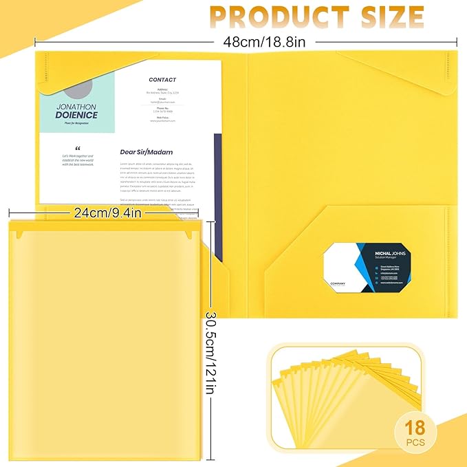 Henoyso 18 Pcs Plastic Folders with Clear Front Pockets Heavy Duty File Folders with 2 Pockets and Card Slot for Student Communication School Office Presentation Report (Yellow)
