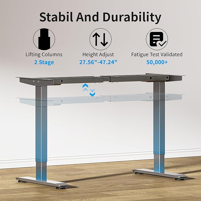 BIZUM Dual Motor Electric Standing Desk Frame with Memory Controller, Computer Memory Desk Adjustable Table Legs Up to 47.2" for Home and Office, Metallic Silver