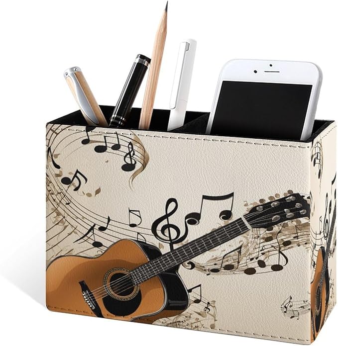 Famame Vintage Music Notes Guitar Pencil Holder for Desk, Leather Desktop Container Pen Cup Storage Study Table Pen Organizer Makeup Brushes Holder for Office Home