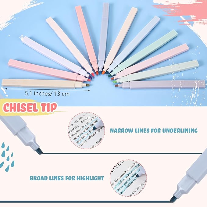 Marspark 120 Pcs Highlighters Bulk Chisel Tip Aesthetic 12 Assorted Colors No Bleed Cute Soft Color Marker Pens for Journal Planner Notes School Study Office Supplies