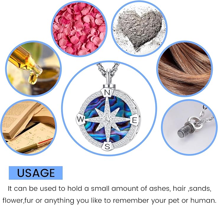 Compass Necklace for Women Men 925 Sterling Silver Pendant Urn Necklaces for Ashes Picture Locket Necklace Anchor Necklace Viking Necklace Crystals CZ Moonstone Abalone Shell Turquoise Compass Jewelry