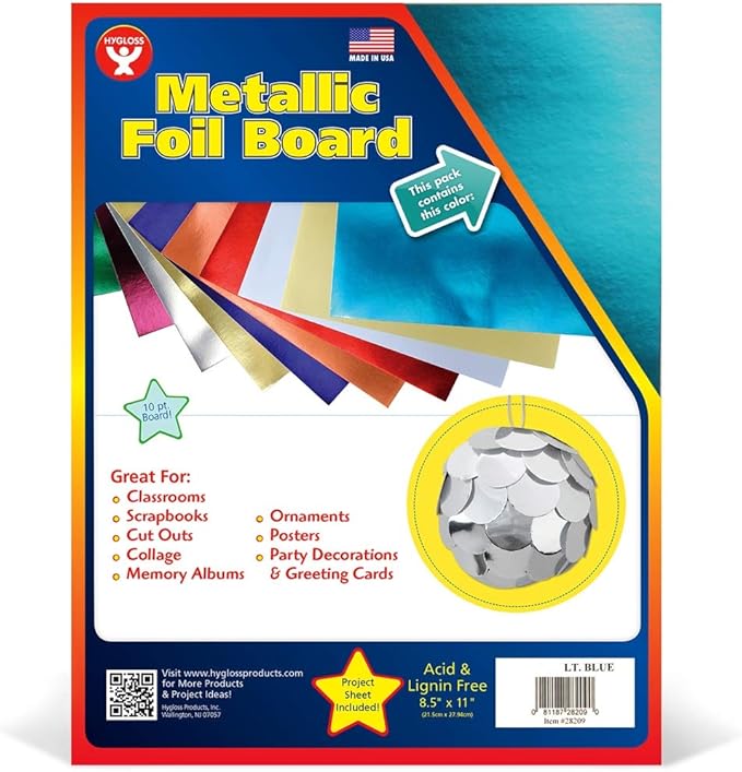 Hygloss Metallic Cardstock Sheets – 100 Shiny Light Blue Sheets, 8.5” x 11” - Sturdy 10 pt. – Metallic Foil Board Paper for Crafts, Scrapbooking, Posters & Decorations